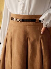 Vintamour 复古优雅的女士褶皱 A 字裙，配腰带，棕色，适合工作或休闲场合，返校服装秋装秋装教师服装冬季女士复古服装卡其色裙子返校节裙子短款栗色 - 卡其色 - 查看 2