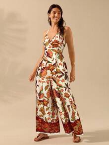 CAJUNI Women's Boho Leopard, Pineapple, Tropical Flora And Fauna Print, Sleeveless Black Long Jumpsuit, Holiday Casual Beach Summer Jumpsuit