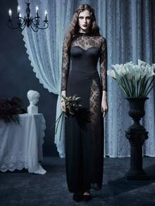 万圣节暗黑哥特浪漫风格天鹅绒拼接蕾丝修身鱼骨裹臀连衣裙 - 黑色 - 查看 3