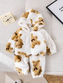 SHEIN 2 pièces Ensemble bébé nouveau-né garçon/fille mignon motif de dessin animé veste à capuche douce et pantalon à taille élastique, chaud pour les sorties et la maison en automne/hiver - Multicolore - Voir 4