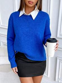 SHEIN Suéter de punto de cuello redondo de manga larga y unicolor de estilo casual - azul real - View 6