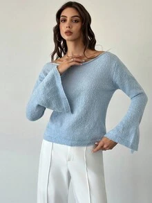 Firerie Pulover tricotat elegant pentru femei, casual, versatil, pentru utilizare zilnică, urbană, cu guler rotund, mâneci lungi evazate, manșete cu crăpături, potrivit pentru toamnă/iarnă, pentru profesoare, stil confortabil de toamnă