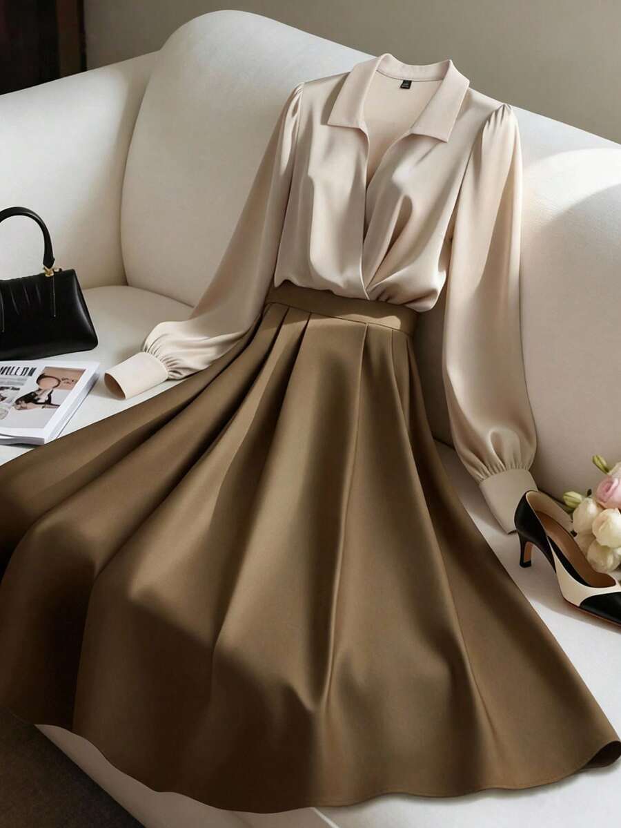 Franclia Plus Size Women Long Sleeve V-Neck Blouse & Flared Hem Skirt Suit, Elegant Office Outfit, Date Wear, Autumn/Winter 2 Pieces Set Two Piece Set Women Skirt Elegant Casual Classy Dress Coffee Brown Dress Women Clothing Elegant