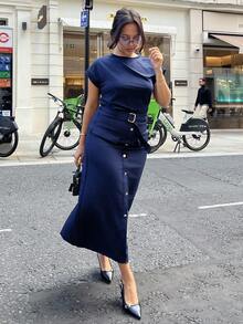 NegzBox Navy Round Neck Short Sleeve Casual T-Shirt For Women, Summer - Navy Blue - View 5