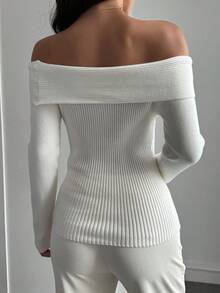 DAZY Women's Off Shoulder Tight-Fitting Turtleneck Sweater - White - View 3