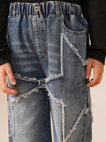 SUMWON Distressed Wide Leg Denim Jeans Vintage Style Frayed Hem Raw Edge Detail Baggy Fit Everyday Casual Winter Fashion Bottoms Streetwear - Blue - View 5