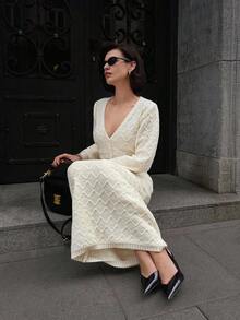 SHEIN Unity 2 件套女士纯色休闲意大利波浪图案优雅长袖毛衣套装，秋冬 - 杏色 - 查看 6