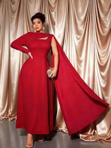 Elenzga Plus Size Women Elegant A-Line Long Sleeve Dress, Autumn/Winter - Red - View 7