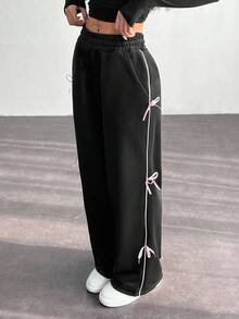 SHEIN 青少年女孩撞色侧蝴蝶结宽松直筒休闲长裤，百搭日常穿着