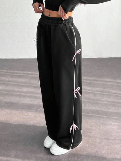 SHEIN Tween Girls Kontrastfärgade Sidobåge Baggy Raka Ben Casual Långbyxor, Mångsidiga För Vardagsbruk