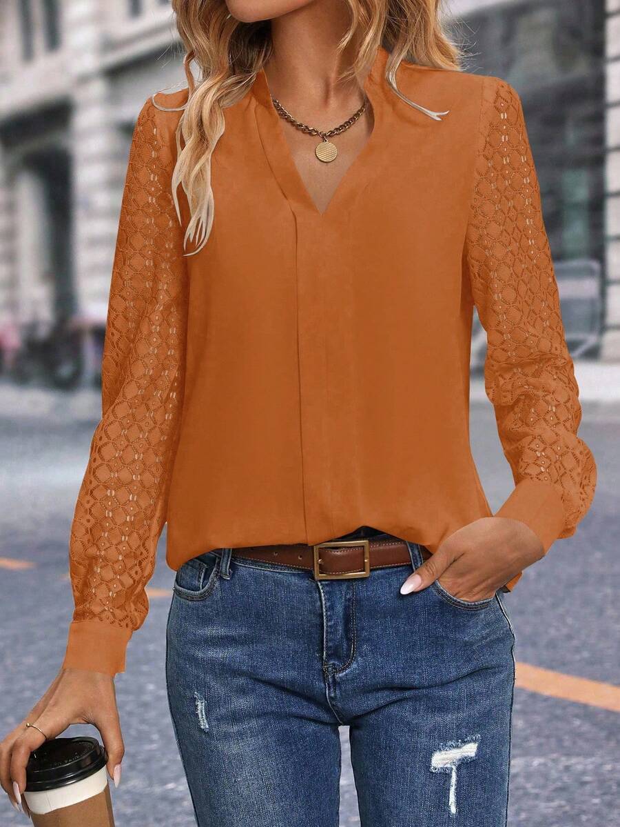 SHEIN Clasi 女式 V 领撞色蕾丝长袖优雅衬衫 - 橘色 - 查看 1