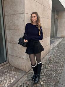 Pariaura Sweater Longgar Lengan Panjang Leher V dengan Pita untuk Wanita - Navy Blue - View 5