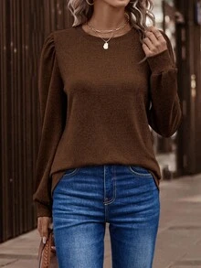 SHEIN Clasi Camiseta Casual Solta Feminina de Manga Bufante e Gola Redonda em Cor Sólida - Café - Visão 4