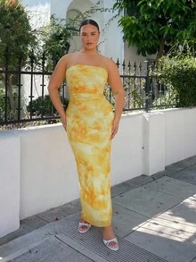 Nezia Cruz 女式扎染露肩连衣裙，侧开衩下摆，超长款女装 - 黃色 - 查看 4
