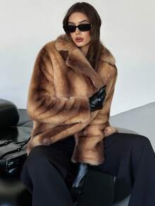 Firerie 女式优雅街头时尚都市时尚复古奢华派对宴会日常波西米亚风格翻领多色棕色仿皮草夹克，秋冬 - 棕色 - 查看 8