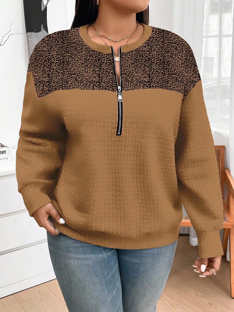 SHEIN LUNE Áo nỉ chui đầu dáng rộng in họa tiết da báo, thích hợp cho nữ cỡ lớn, phù hợp cho mùa thu/đông. - Nhiều màu - Xem 1