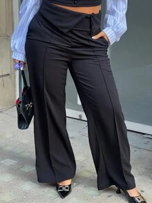 NegzBox Women's Solid Color High-Waist Button Design Straight Leg Office Pants - Black - View 3