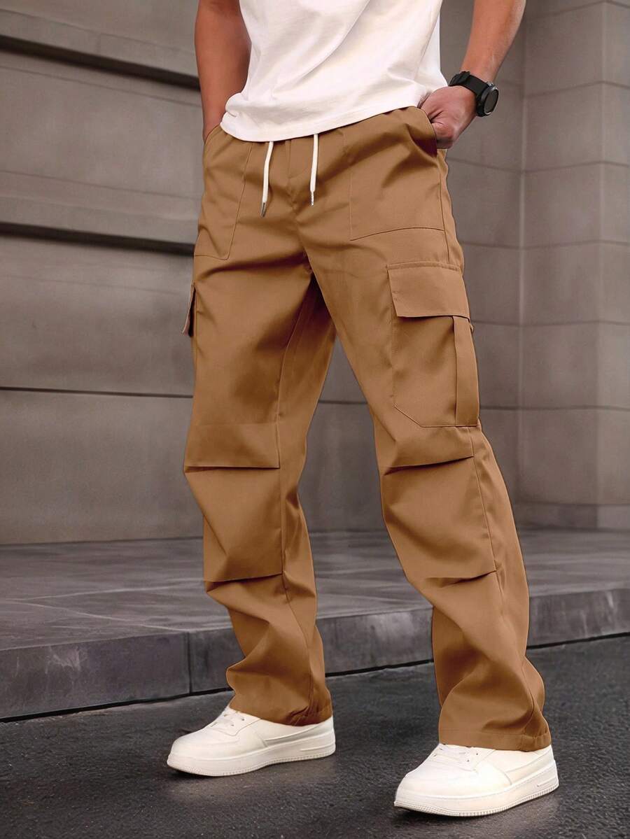 Manfinity Homme 男士纯色抽绳腰口袋休闲宽松直筒工装裤，棕色运动裤，街头潮流，秋季 - 薑色 - 查看 1