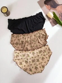 PetitDoll 3-Pack Ditsy Floral Contrast Color Ruffle Trim Ribbed Knit Boyshort Panties, Countryside Style