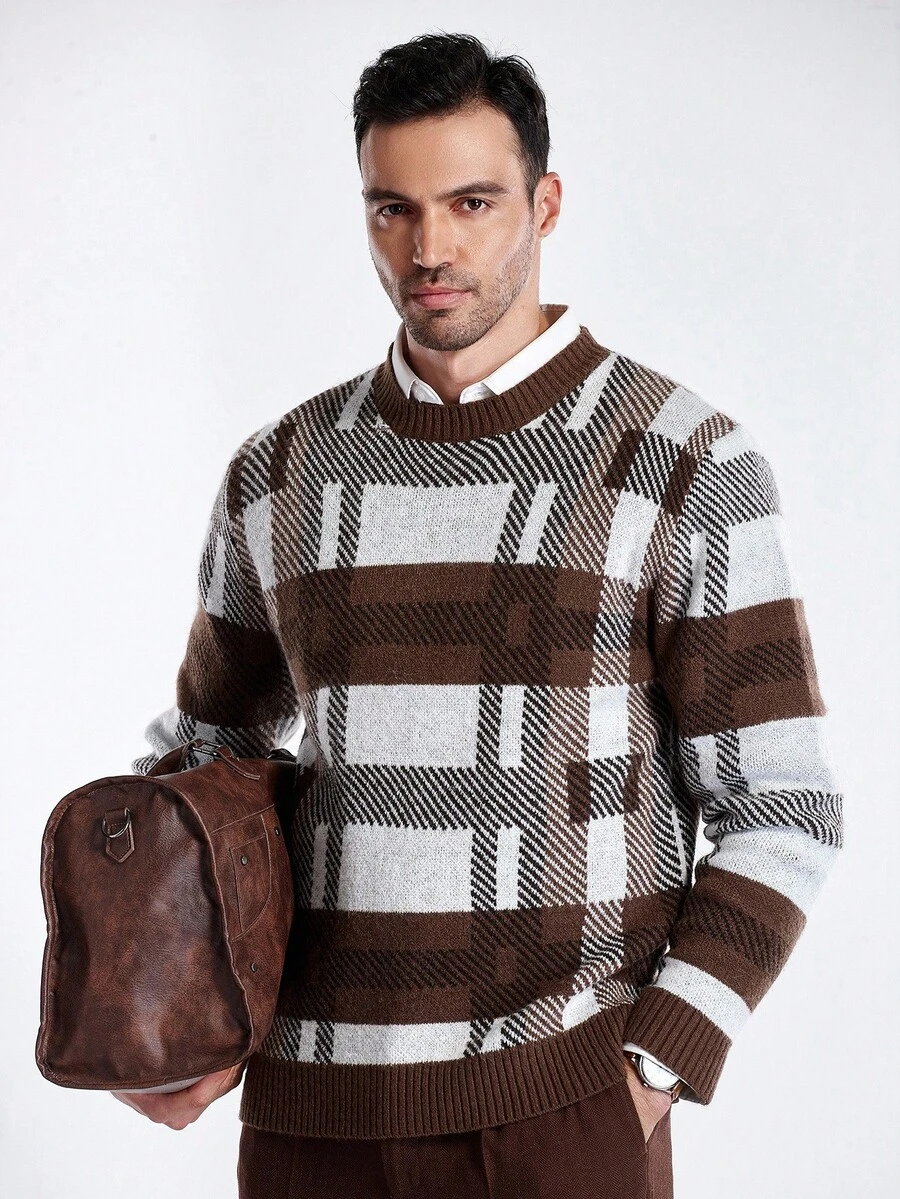 Manfinity CityGents Men's Casual Colorblock Plaid Knit Sweater, Autumn/Winter - Brown - View 1