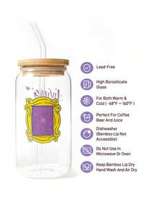 FRIENDS X SHEIN 1pc 500ml/17.6oz Glass Straw Cup With Coffee Graphic Pattern (Straw Cleaning Brush Included), Can Be Used For Cold & Hot Drinks, Coffee Cups, Milk Cups, Juice Cups, Purple Frame - Clear - View 5