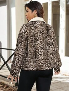 Flirla Plus Size Women's French Casual Elegant Long Sleeve Leopard Print Sweatshirt, Autumn/Winter Plus Size Jackets Tops For Women Plus Cheetah Print Plus Size Leopard Print Plus Size Animal Print Plus Size Plus Size Cheetah Print Plus Size Women Clothes Blouse - Black - View 2