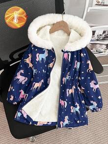 SHEIN Elladie kids 女童厚羊毛连帽夹克，人造毛领，修身款，拉链开合，适合秋冬季，4-7 岁 - 藏蓝色 - 查看 3