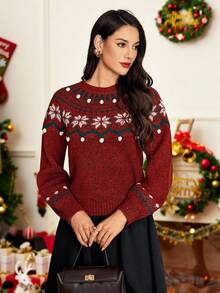 Vintamour Women's Snowflake Crew Neck Pullover Sweater,Burgundy,Autumn,Retro Vintage 70s,Holiday Christmas Jumper New Year Red Top Casual Winter Fall Sweaters - Red - View 5