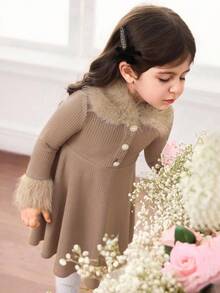 Elegant Mother-Daughter Matching Outfits, Khaki Ribbed Knit Turtleneck Long Sleeve Dress - Khaki - View 4