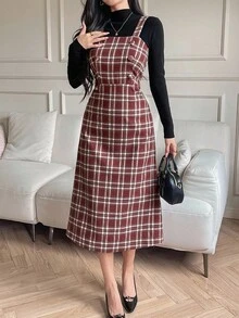 女式休闲格子无袖方领吊带中长连衣裙，秋季 - 紅色 - 查看 6