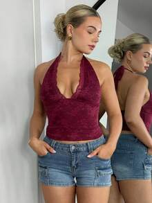 Bethéva Áo hai dây ren hoa cổ chữ V cho nữ, bó sát gợi cảm - Màu Đỏ Sâu - Xem 6