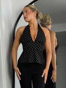 Bethéva 女士休闲简约露背深 V 领波点裹背衬衫 - 黑色 - 查看 6