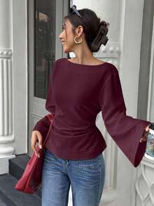 EMERY ROSE Women's Elegant Solid Color Waist Cinched Flare Sleeve Blouse, Autumn, Christmas