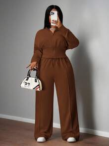 Slaydiva 秋冬新品，女士秋冬服装，万圣节，大码女士家居服套装，棕色两件套，高个两件套，保守款两件套，长袖两件套，棕色长袖套装 - 棕色 - 查看 10