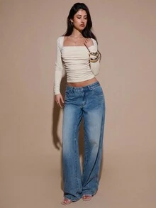 SHEIN BAE 杏色純色高領長袖抓皺優雅上衣女款，秋冬長袖打底上衣 - 杏色 - 查看 4