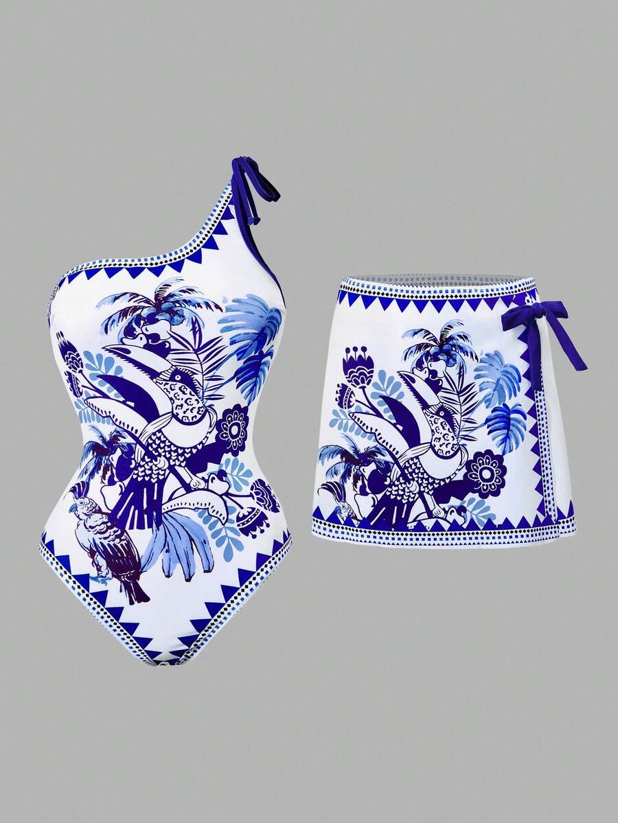 Swim Oasis Women's Tropical Floral & Bird Print Casual One-Piece Swimsuit With Skirt, Halter Neck, Suitable For Vacation And Beach - Blue and White - View 1