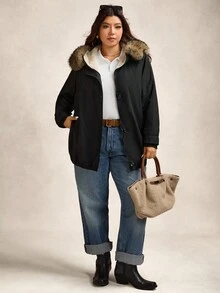 Zelara Plus Faux-Fur-Trim Hooded Coat For Winter Going Out - Black - View 9