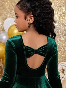 SHEIN 青少年女孩优雅水钻天鹅绒圆领荷叶边下摆露背蝴蝶结长袖连衣裙，翠绿色，适合圣诞节、派对、聚会、郊游 - 墨綠色 - 查看 2