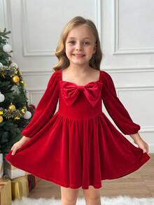 SHEIN Váy ngắn chữ A thắt nơ lớn màu đỏ trơn cho bé gái, tay dài, cổ điển thanh lịch, thích hợp cho tiệc tùng, giáng sinh, vũ hội năm mới, mùa đông - Màu Đỏ Sâu - Xem 3