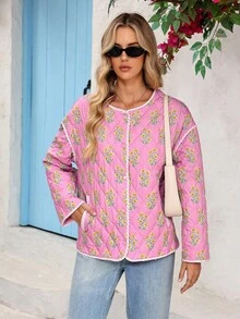 Vivid Eden Women's Floral Print Drop Shoulder Long Sleeve Single-Breasted Loose Winter Jacket - Multicolor - View 4
