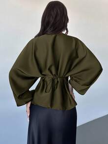 Firerie 女士新款优雅浪漫休闲都市通勤百搭圆领蝙蝠袖长袖衬衫，适合教师及秋季穿着 - 軍綠色 - 查看 2