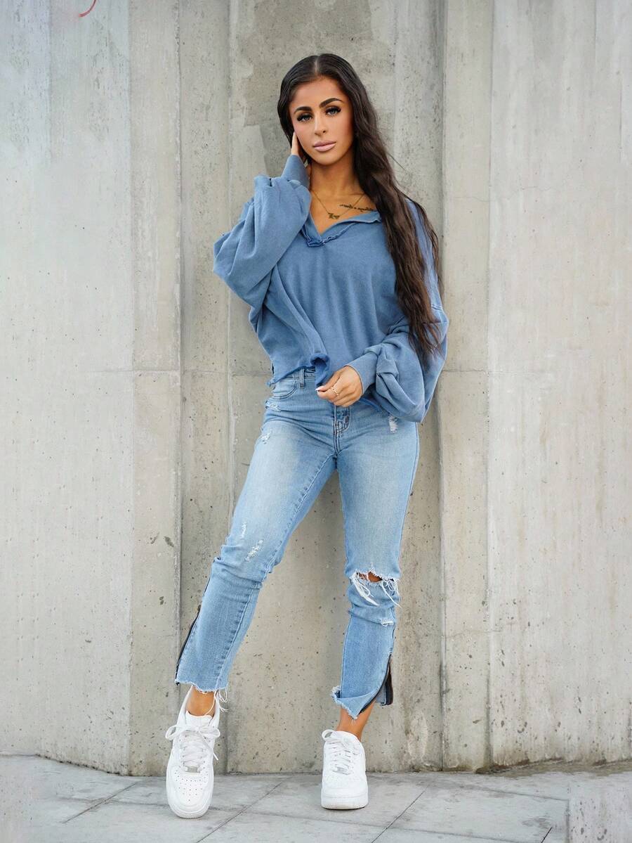 SAYEHFBABY 1pc Women Solid Color V-Neck Knit Long Sleeve Loose Pullover Sweatshirt,Long Sleeve Tops - Blue - View 1