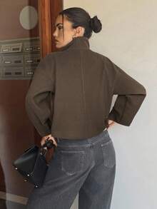 Siren Gaze 女士纯色双排扣高领长袖外套，秋冬季，女士冬装 - 棕色 - 查看 2