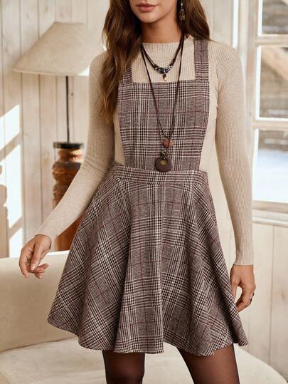 LanaWest Vestido casual bohemio de estilo occidental y campestre con diseño de cintura ceñida, cuello cuadrado y sin mangas, de tela gruesa a cuadros en color caqui marrón, con tirantes cruzados en la espalda, un diseño de nicho, de largo corto, para otoño/invierno, de estilo callejero para Halloween