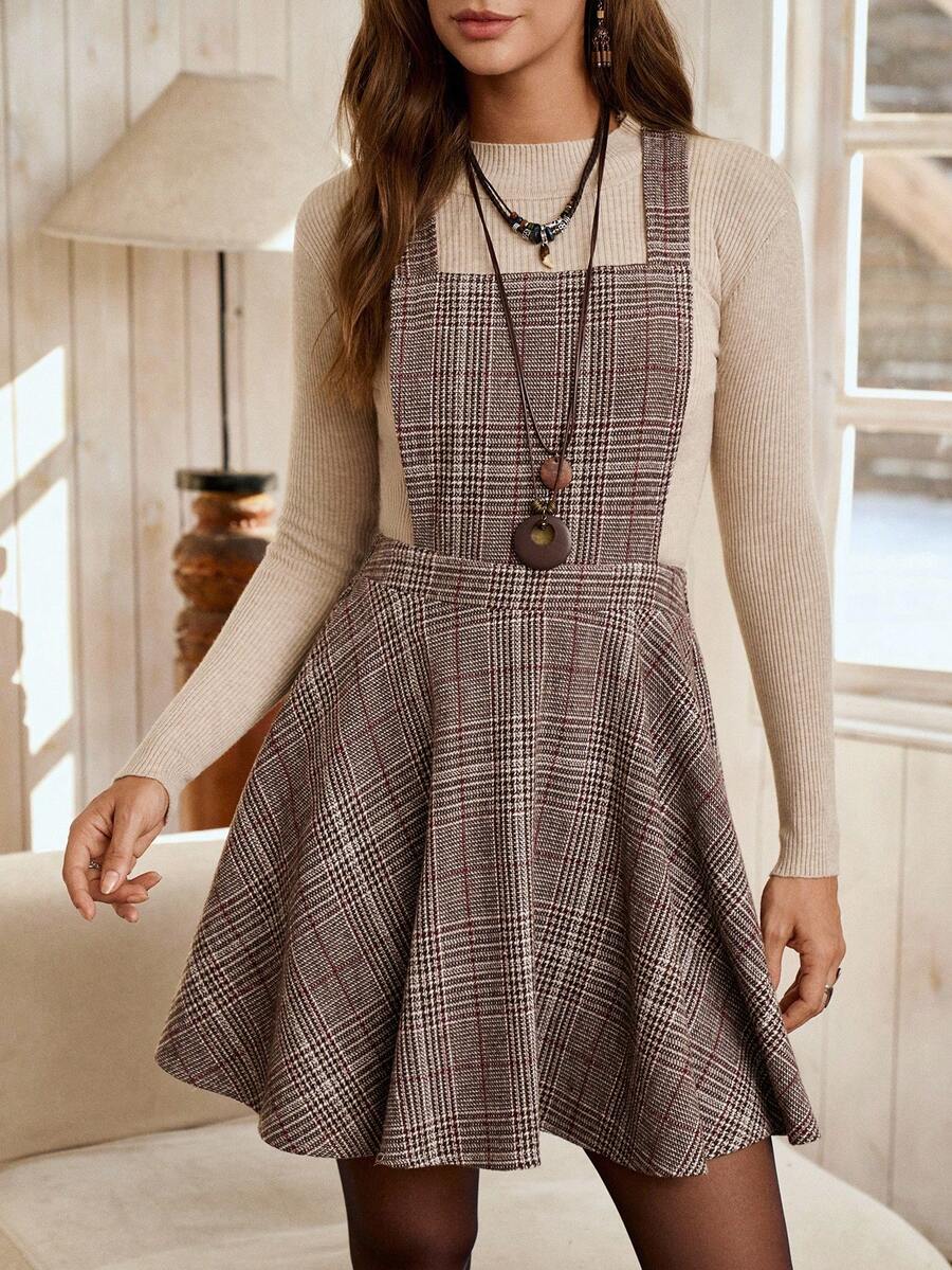 LanaWest Women's Khaki Brown Plaid Thick Fabric Sleeveless Square Neck Cinched Waist Design Casual Bohemian Western Country Vibe Halloween Street Style Dress, Autumn/Winter New Arrival, Niche Design, Criss-Cross Back Strap, Versatile Short Dress - Brown - View 1