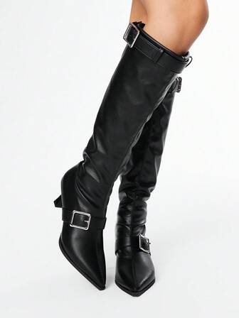 Grunge Punk 2025 Fashion Pointed Toe PU Wrinkled Knight Boots, Sexy Buckle Strap Slouchy Adjustable Slim Fit Over-The-Knee Wide Calf Boots For Women
