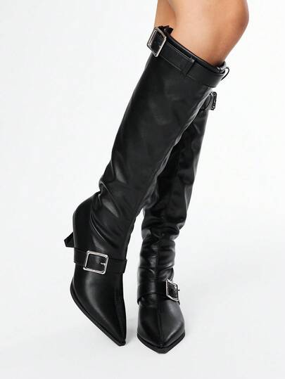 Grunge Punk 2025 Fashion Pointed Toe PU Wrinkled Knight Boots, Sexy Buckle Strap Slouchy Adjustable Slim Fit Over-The-Knee Wide Calf Boots For Women