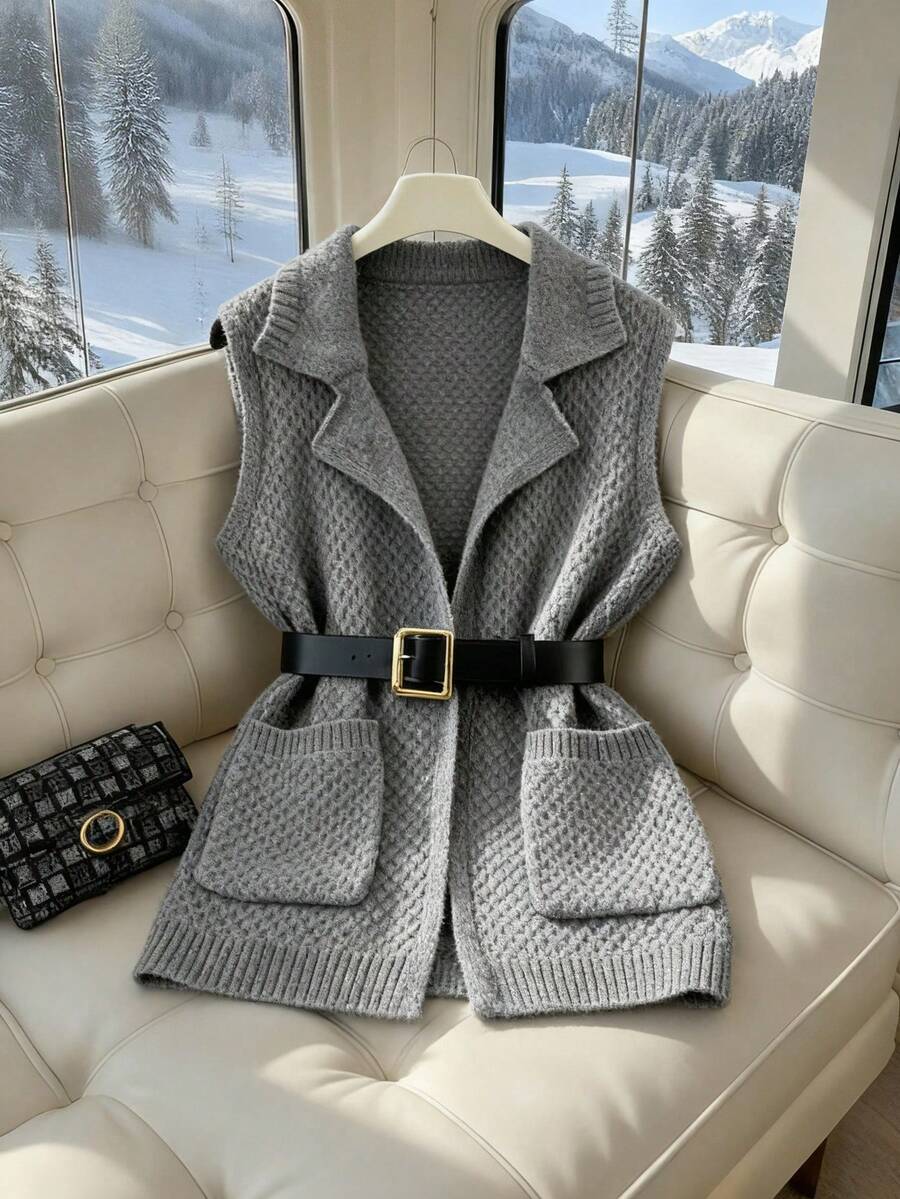 Selianne Elegant Casual Grid Pattern Notched Collar Pocket Knit Cardigan Vest For Women - Grey - View 1