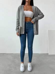 EURMUSE Women's Solid Color Double Breasted Cardigan - Light Grey - View 3