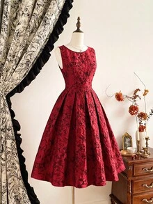 Vintamour Vintage Elegant Women's Jacquard Prom Dress Graduation Dress Wedding Guest Dress Women Vacation Outfits Woman Graduation Dresses For Women Elegant Formal Dresses New Year Valentine - Burgundy - View 9